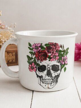 Floral Skull Mug Gothic Rose Coffee Cup Skeleton Halloween Goth